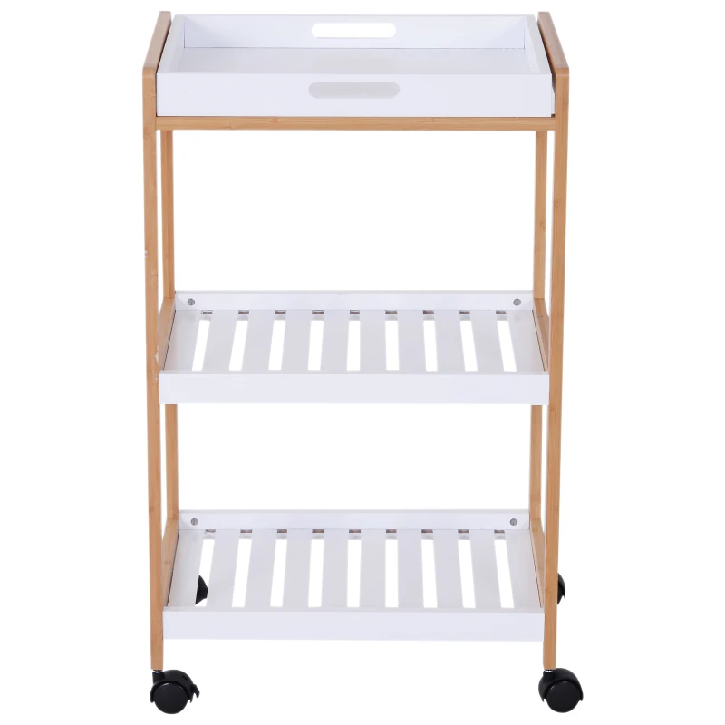 HOMCOM Küchenwagen Rollwagen mit 3 Ebenen Servierwagen mit abnehmbarem Tablett, Küchenregal auf Rollen, Küchenrollwagen für Küche Bad Büro Wohnzimmer Weiß + Natur