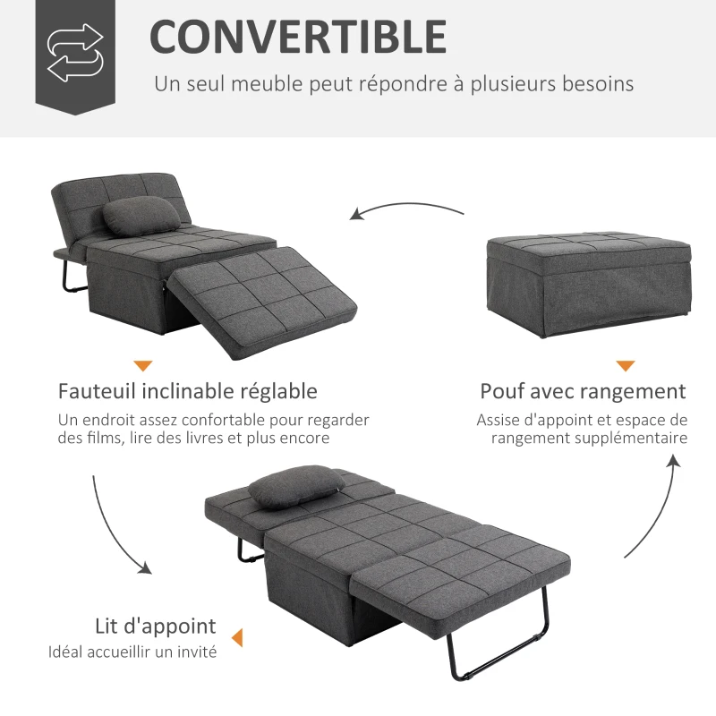 HOMCOM Chauffeuse 1 place 4 en 1 Fauteuil lit Convertible Pouf Dossier inclinable 5 Niveaux Repose-Pied Rabattable, Charge 200 Kg, châssis métal et Tissu Lin gris