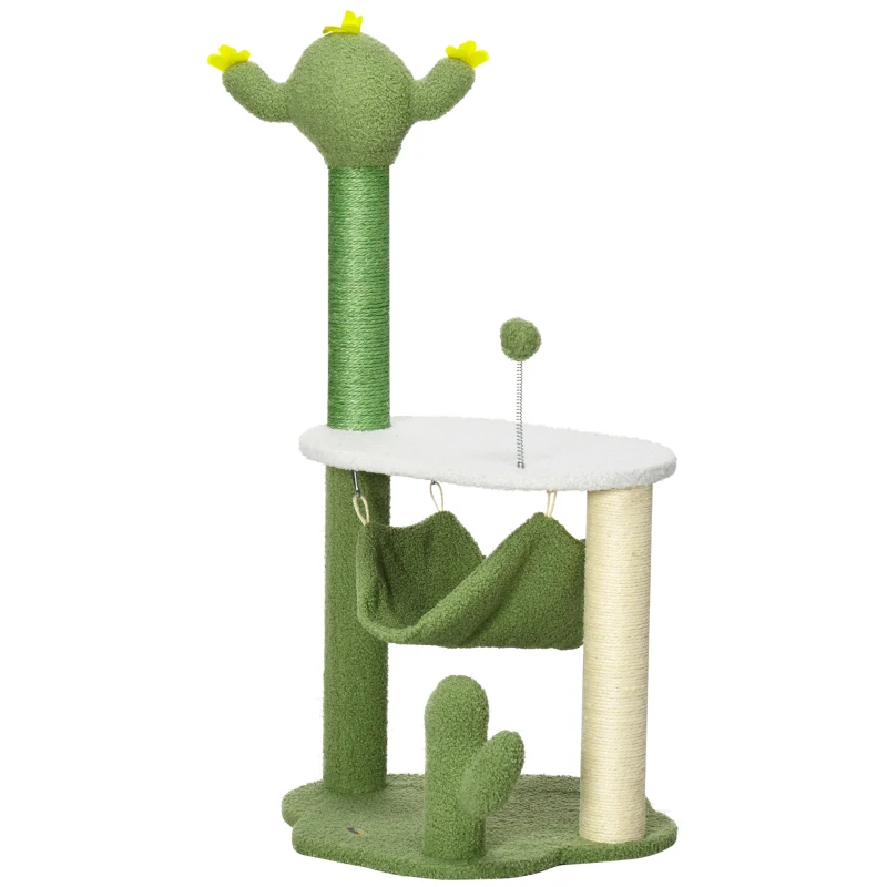 PawHut Árbol Rascador para Gatos con Forma de Cactus con Hamaca Plataforma Postes de Sisal y Bola 45x45x90 cm Verde