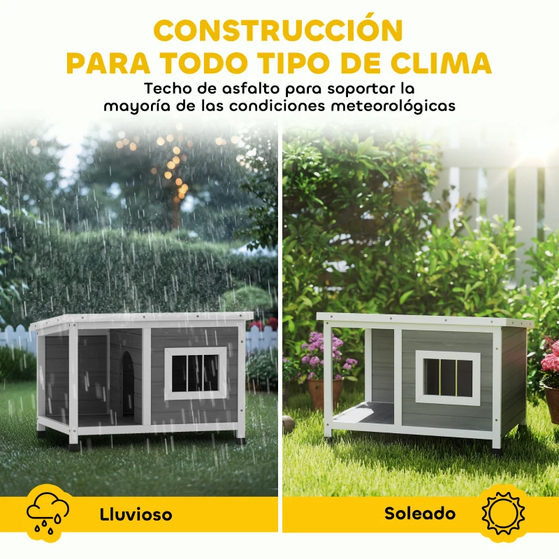 PawHut Casa para Perros de Madera 85,5x62x60 cm con Techo Asfáltico Abatible Puerta y Ventana para Perros Pequeños Gris