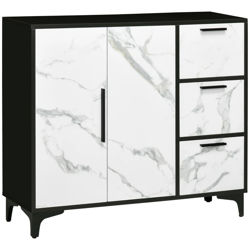 HOMCOM Modern Sideboard Storage Cabinet with Marble Effect, 2 Doors Cupboard, 3 Drawers for Living Room, Study, White