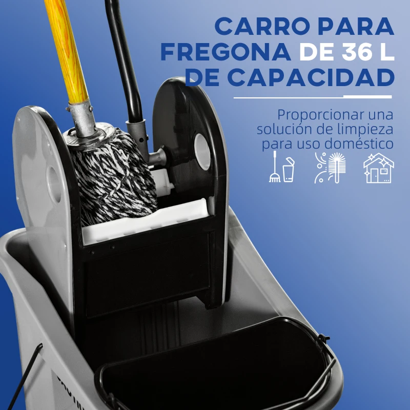 HOMCOM Cubo de Fregona con Ruedas 36L Carro de Limpieza con Escurridor de Presión y 2 Cubetas Separadas 54x41x91,5cm Gris