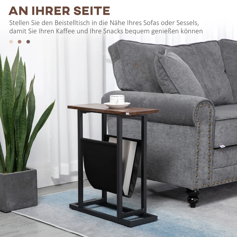 HOMCOM Beistelltisch, Nachttisch, schmales Design, mit Stofftasche, Stahl, dunkelbraun+schwarz, 49 x 19 x 55cm