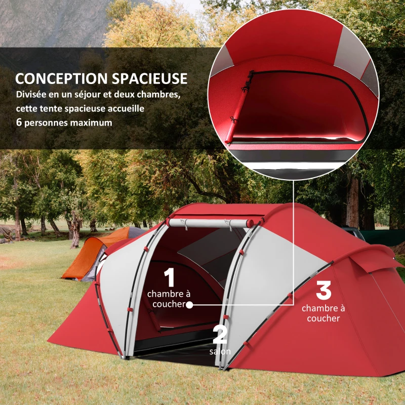 Outsunny Tente de camping familiale 4-6 personnes tente dôme étanche légère, ventilée 2 cabines fenêtre grande porte gris rouge