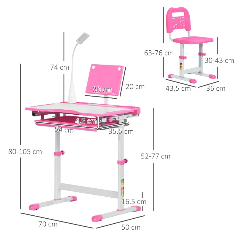 HOMCOM Juego de Escritorio y Silla para Niños de +6 Años Ajustable con Mesa Inclinable Lámpara Cajón y Estante para Libros Rosa