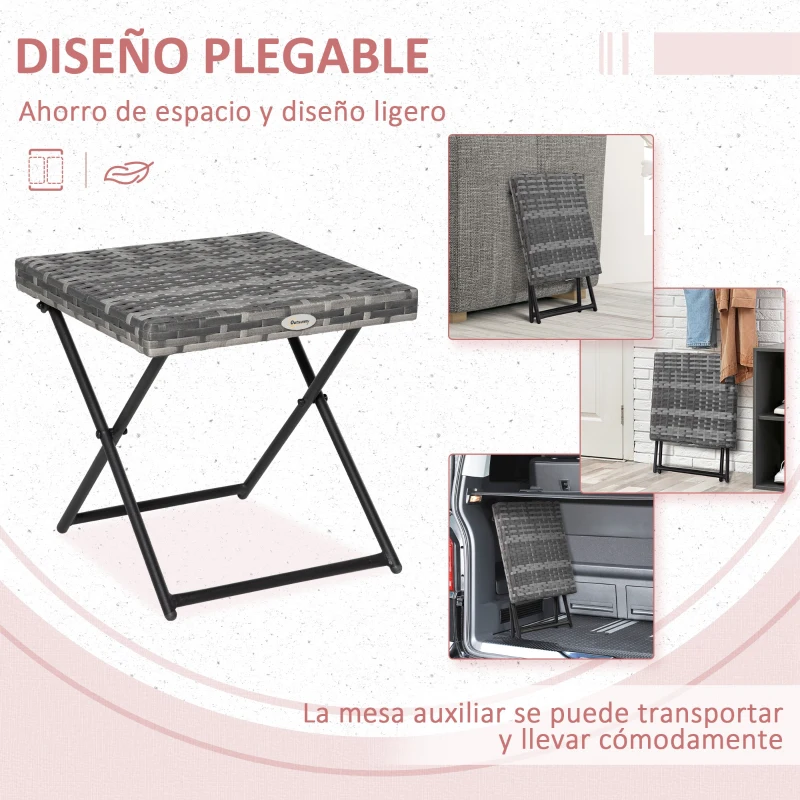 Outsunny Mesa de Terraza Exterior de Ratán PE Plegable con Patas Cruzadas y Marco de Acero para Patio Balcón 40x40x40 cm Gris