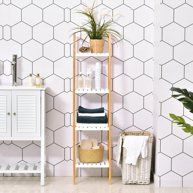 kleankin Scaffale per il Bagno a Scala con 4 Ripiani in Legno di Pino e Bambù, 35x36x138.5 cm, Bianco e Legno