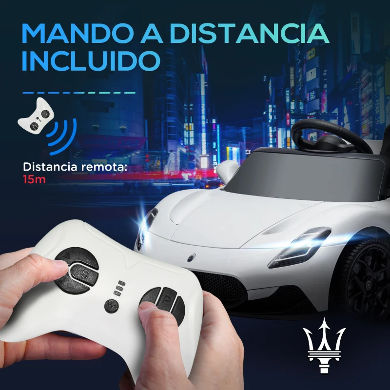 AIYAPLAY Coche Eléctrico para Niños con Licencia Maserati MC20 con Batería 12V Mando a Distancia Faros Bocina Música Blanco
