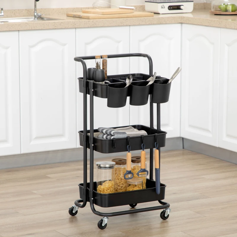 HOMCOM Carrito Auxiliar con Ruedas Carro de Almacenaje Multifuncional con Ganchos y Cajas Colgantes 42x38x86,5 cm Negro