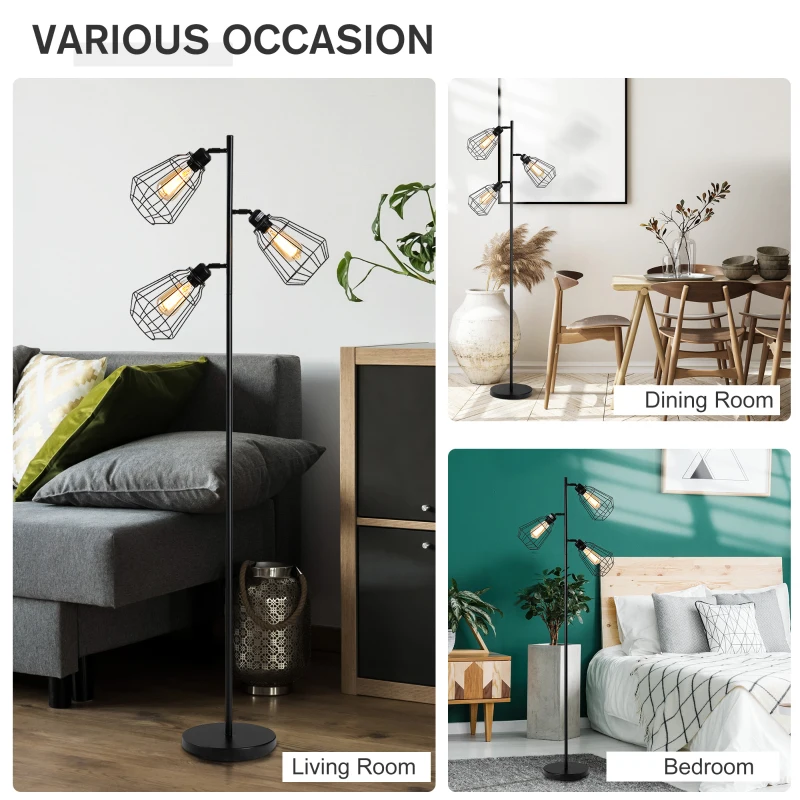 HOMCOM Retro Practical Tree Floor Lamp 3 Angle Adjustable Lampshade Steel Base for Living Room Bedroom Office Black 165cm