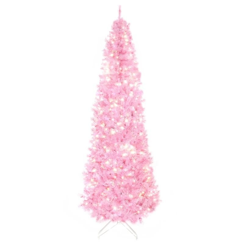 HOMCOM 6FT Tall Prelit Pencil Slim Artificial Christmas Tree with Realistic Branches, Warm White LED Lights and Tips, Xmas Decoration, Pink