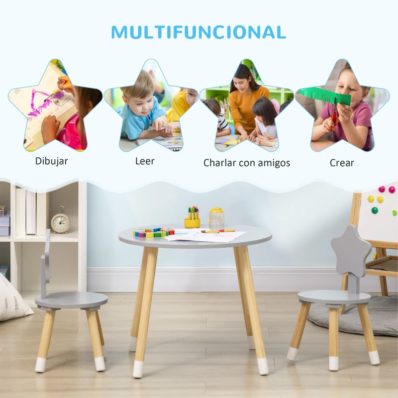 HOMCOM Juego de Mesa y 2 Sillas de Madera para Niños Mesa Redonda Ø59x50 cm y Sillas Ø28x51 cm Muebles Infantiles Gris