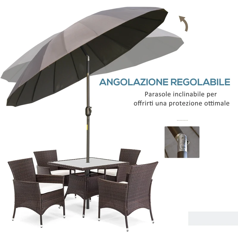 Outsunny Ombrellone da Giardino e Terrazza Ø2.5x2.5 m con Manovella, 18 Stecche e Testa Inclinabile, Grigio Scuro