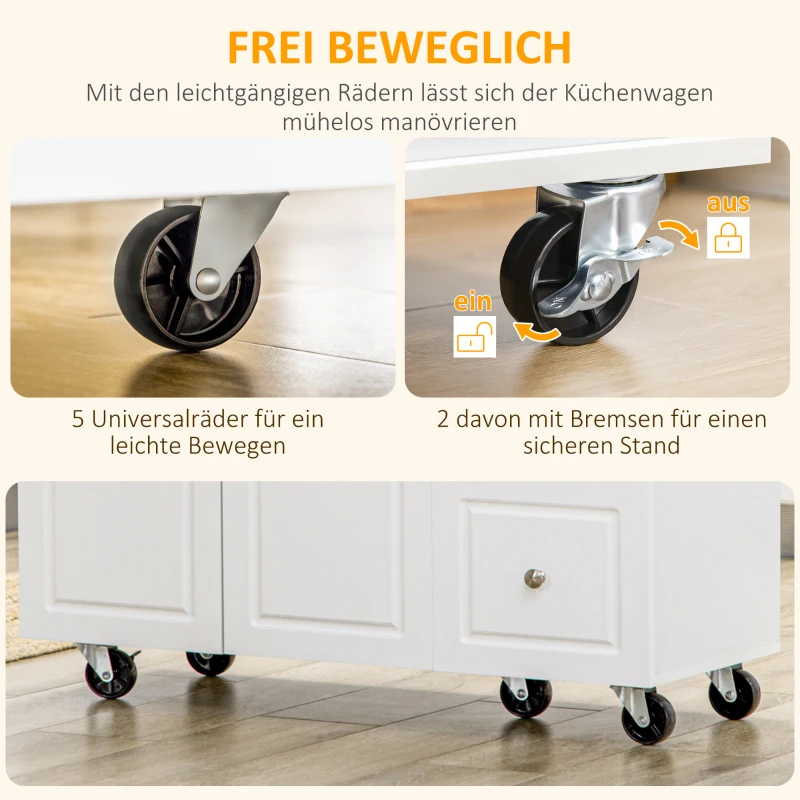 HOMCOM Küchenwagen, Kücheninsel mit erweiterbarer Arbeitsplatte, Servierwagen, Küchenschrank mit Rollen, Schublade und verstellbares Regal, Gummiholz, MDF, Weiß+Natur, 111,5 x 45-75 x 89 cm