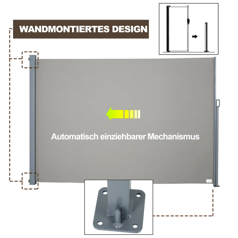 Outsunny Seitenmarkise, Sicht- und Sonnenschutz, Seitenrollo, Polyester, Grau, 3 x 1,6 m