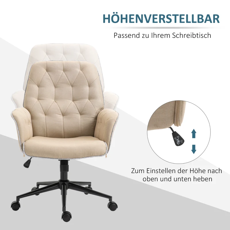 Vinsetto Bürostuhl mit Wippfunktion Drehstuhl Home-Office-Stuhl höhenverstellbarer Schreibtischstuhl Computerstuhl Arbeitsstuhl mit Armen 360°-Drehräder Schaumstoff Beige 66 x 69 x 89,5-97 cm