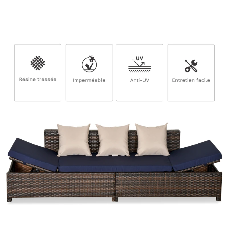 Outsunny Canapé lit de jardin 3 places inclinable latéralement matelas et coussins inclus résine tressée imitation rotin chocolat
