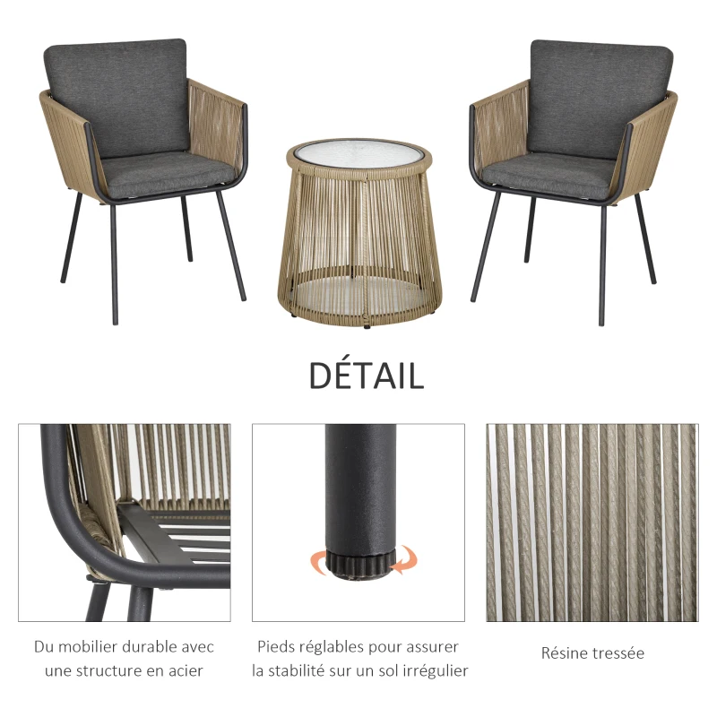 Outsunny Ensemble salon de jardin 3 pièces style colonial 2 fauteuils avec coussins gris + table basse résine filaire beige acier époxy noir
