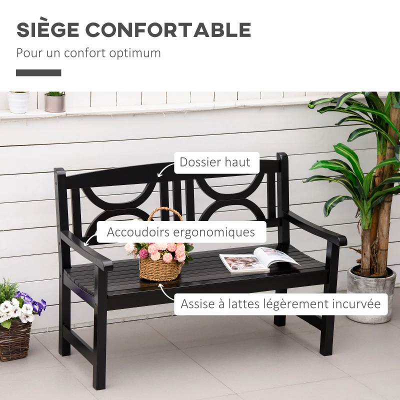 Outsunny Banc de jardin 2 places banquette extérieur terrasse patio dossier haut assise à lattes accoudoirs confortables bois de peuplier 123 x 61 x 89,5 cm noir