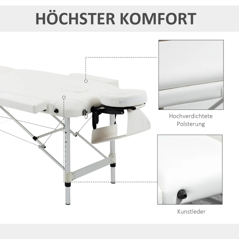 HOMCOM Mobile Massageliege 3 Zonen Klappbar Massagetisch mit Kopfstütze Armlehne Tragetasche höhenverstellbare Aluminium Massagebett tragbar inkl. Zubehör Massagebank bis 225 kg Belast Weiß