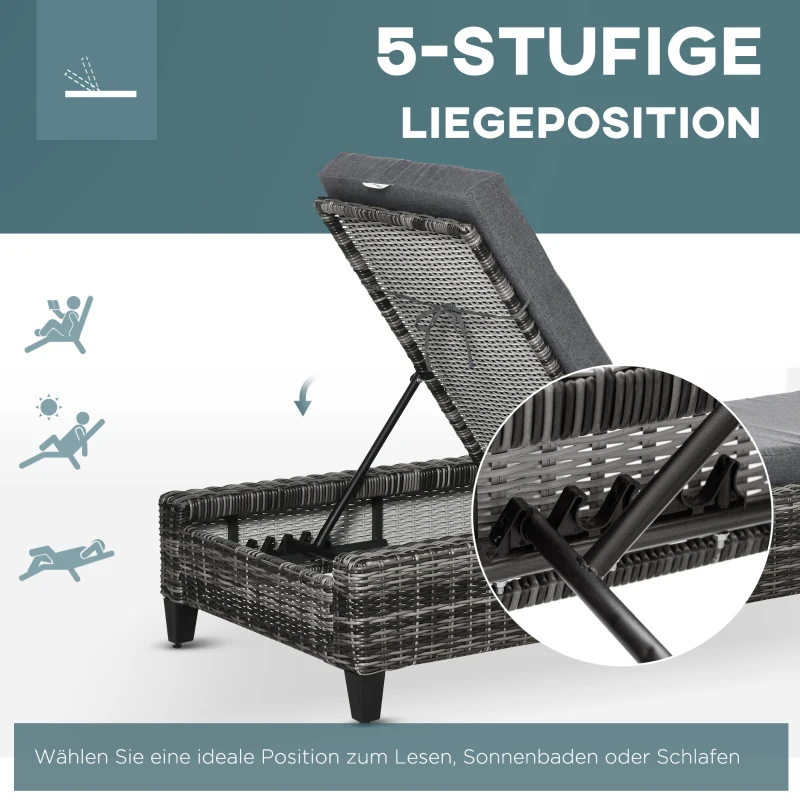 Outsunny Polyrattan Gartenliege mit Kissen Sonnenliege 5-stufig verstellbar Rattanliege Gartenmöbel Liege Stahl Grau 72 x 198 x 30 cm