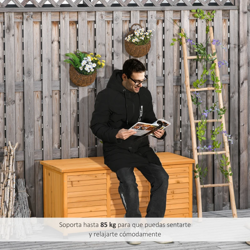 Outsunny Baúl de Madera Exterior Caja de Almacenamiento de Jardín con Tapa Abrible y Diseño Persiana 127x56x60 cm Natural(m-5)