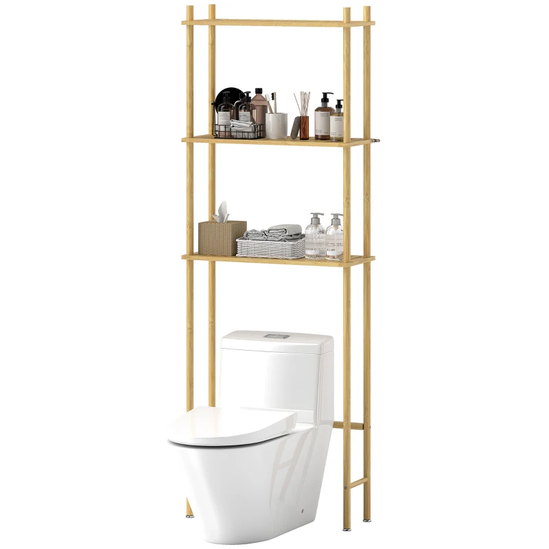 HOMCOM Mobile Sopra WC a 3 Ripiani a Doghe Salvaspazio in Bambù, 63.5x25.5x181 cm, color Legno