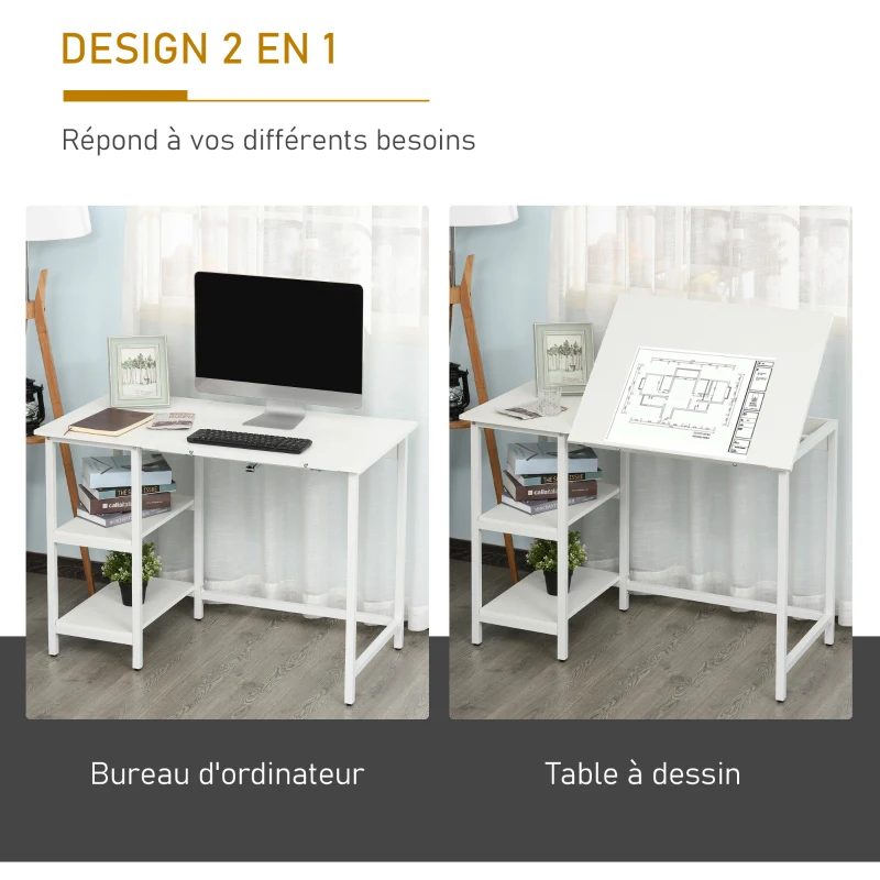 HOMCOM Table à Dessin Bureau inclinable Design Contemporain dim. 110L x 55l x 76H cm 2 étagères Panneaux Particules métal Blanc