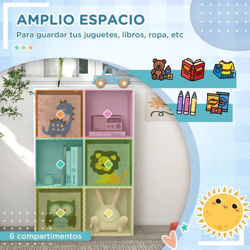 ZONEKIZ Librería para Niños de +3 Años con 6 Compartimientos y 3 Cajones de Tela no Tejida 61,8x29,9x91,5 cm Blanco y Gris