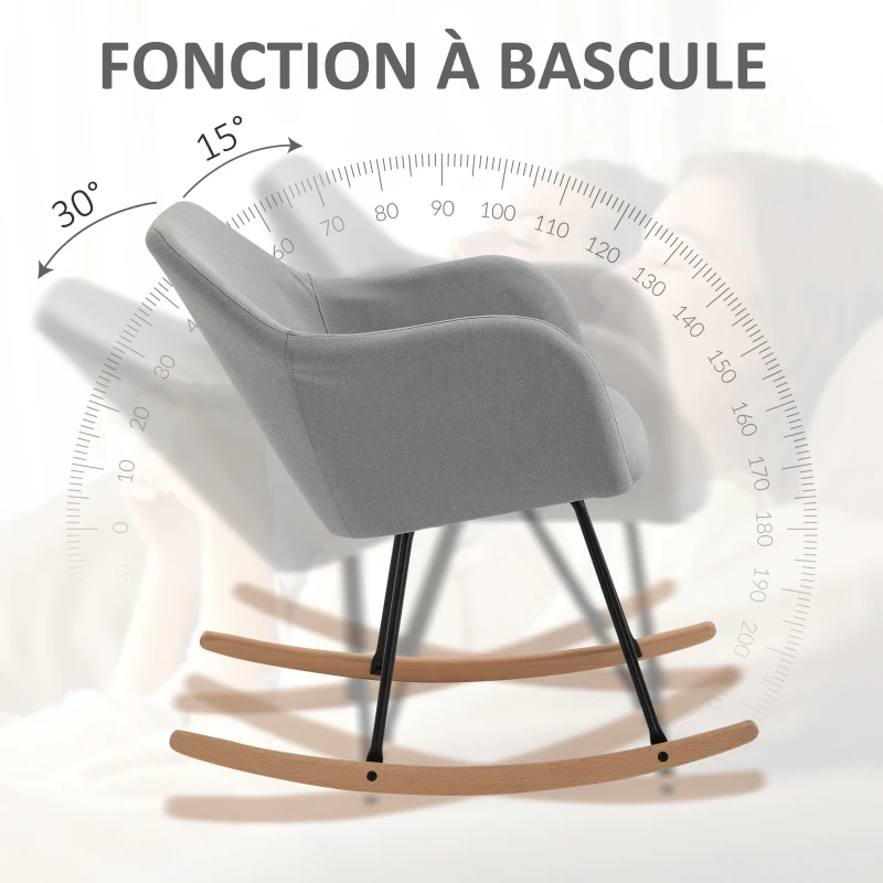 HOMCOM Fauteuil à Bascule Rocking Chair Grand Confort accoudoirs Assise Dossier garnissage Mousse Haute densité Lin Gris