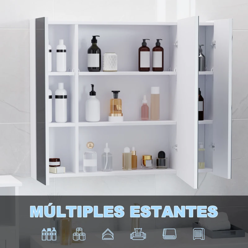 kleankin Armario de Baño con Espejo Luces LED Estantes Ajustables y USB Estilo Moderno 90x15x75 cm Blanco