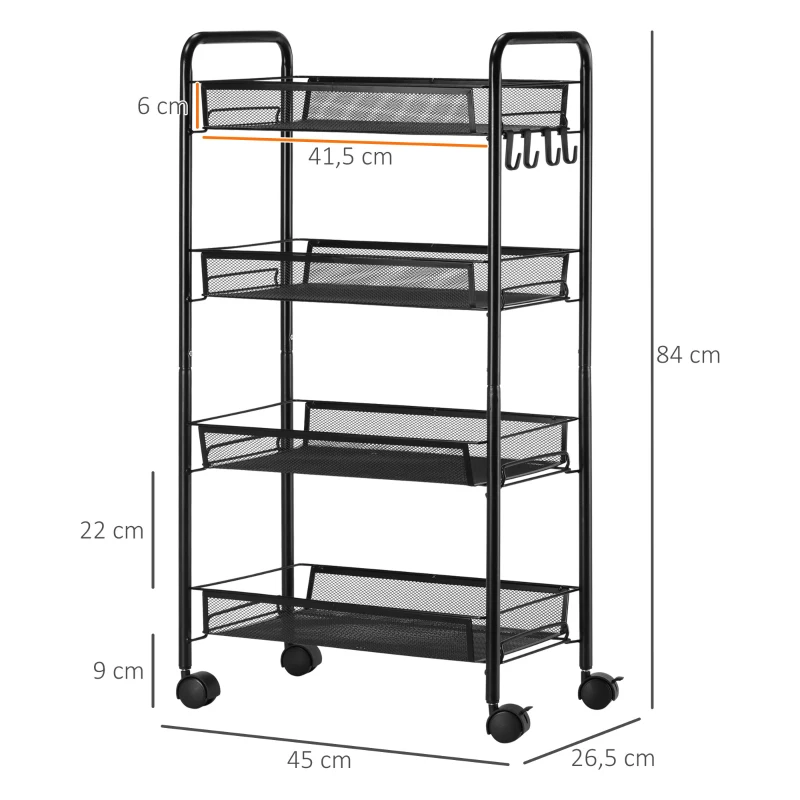 HOMCOM Carrito de Cocina de 4 Niveles Carrito de Almacenamiento con 4 Ganchos Carga 12 kg para Comedor Baño 45x26,5x84 cm Negro