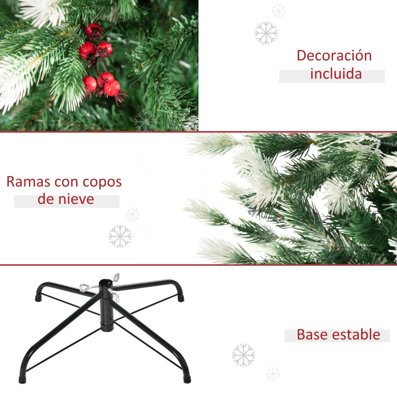 HOMCOM Árbol de Navidad Artificial 180 cm con 55 Bayas 836 Ramas PE Tridente PVC Base Plegable y Soporte Metálico Decoración Navideña para Interiores Verde