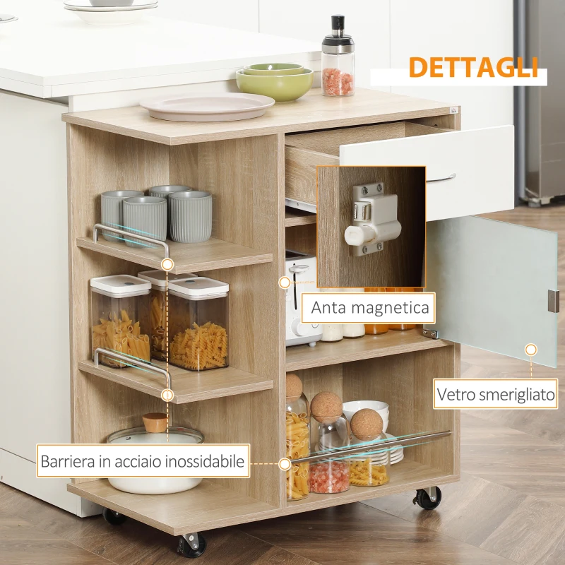 HOMCOM Carrello da Cucina Portavivande con Cassetto, Ripiani e Armadietto in Legno, Acciaio e Vetro, 65x39x80cm