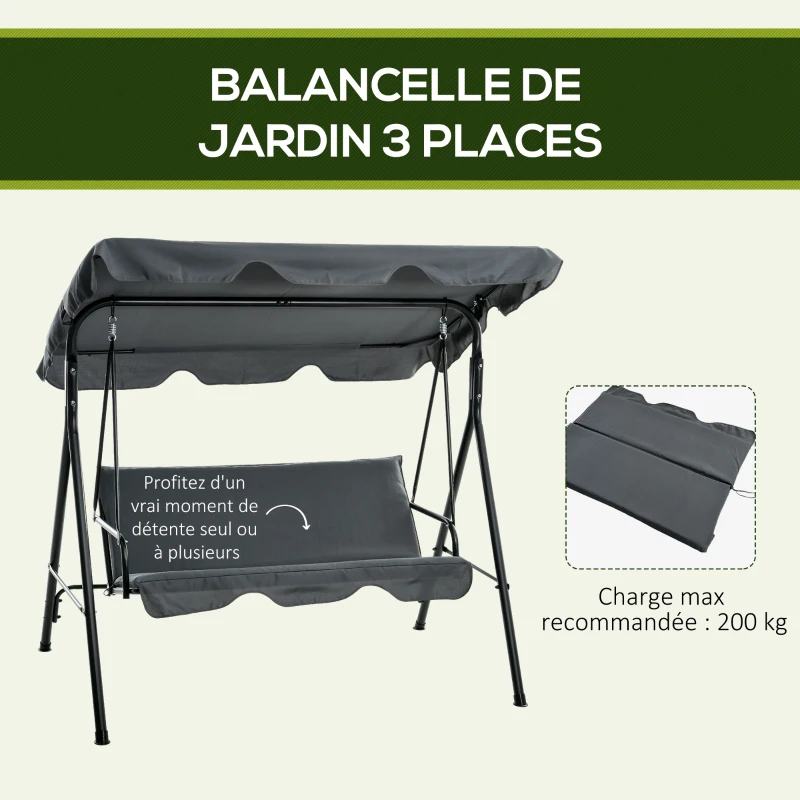 Outsunny Balancelle de Jardin 3 Places Toit Inclinaison réglable Coussins Assise et Dossier Acier Noir Polyester Gris