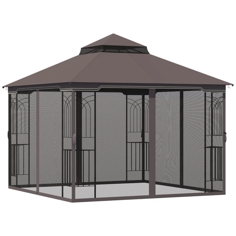 Outgunny Tonnlle de jardin barnum pavillon de jardin 3 x 3 double toit avec moustiquaires amovibles imperméable café