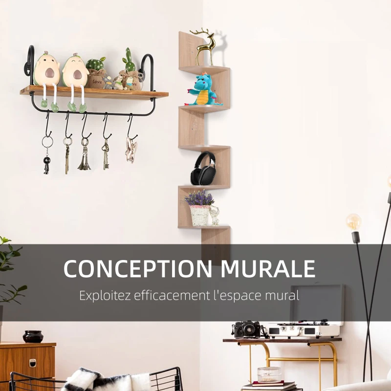 HOMCOM Étagère d'angle Murale de Rangement Forme Zigzag 20L x 20l x 126H cm 5 Niveaux Bois chêne Clair