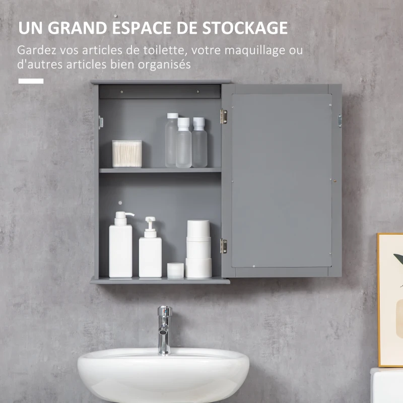 kleankin Armoire murale de salle de bain avec miroir - placard de rangement toilettes - 1 porte, 2 étagères - Verre et Bois gris