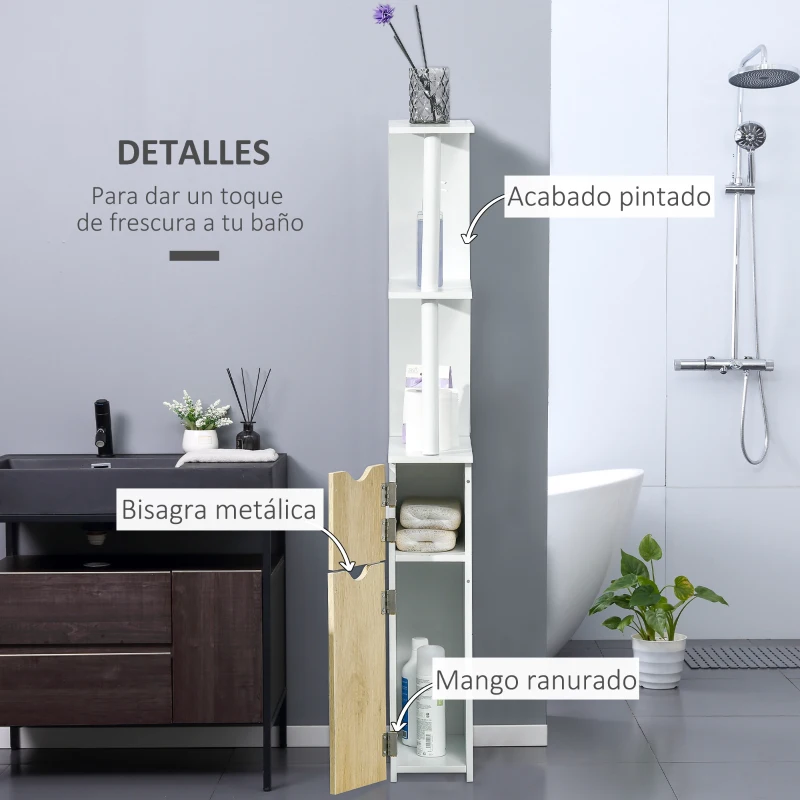 kleankin Columna de Baño con 2 Puertas y 2 Estantes Mueble Auxiliar de Baño Moderno 15,2x29,8x118 cm Blanco y Natural