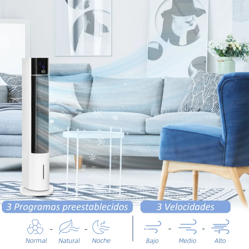 HOMCOM Enfriador de Aire Bajo Consumo 3 en1 Oscilante Humificador con 3L Control Remoto Pantalla LED 3 Velocidades 3 Modos y Temporizador 12h Climatizador Evaporativo Torre 33x26x105 cm Blanco