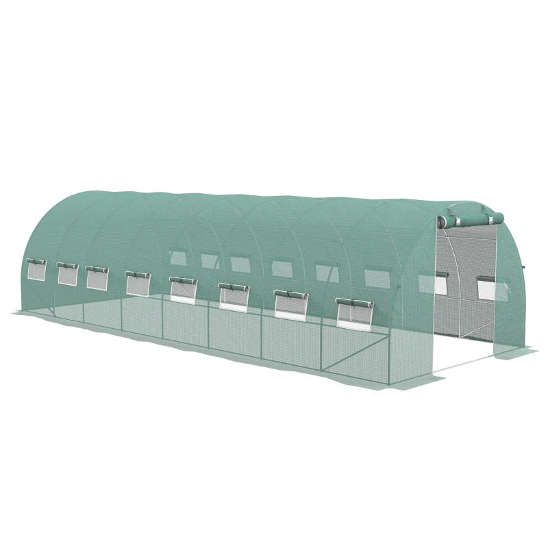 Outsunny Serre de jardin tunnel 24m² 8L x 3l x 2H m - 16 fenêtres, Porte zippée enroulable acier galvanisé, bâche PE, Vert