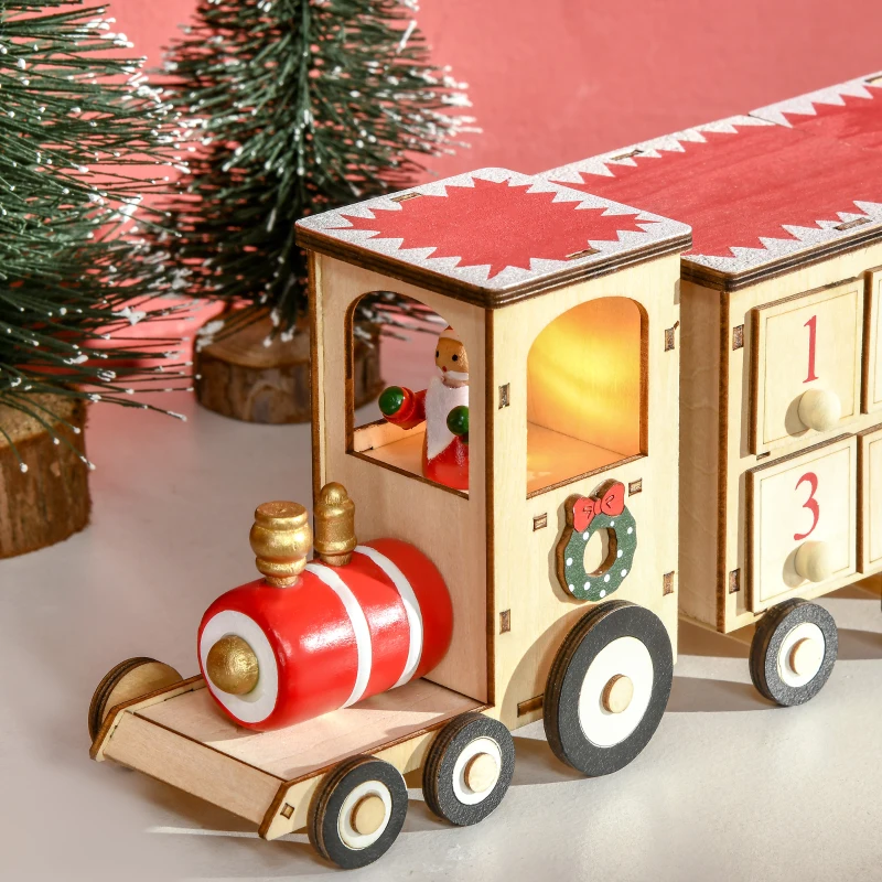 HOMCOM Calendrier de l'avent LED en forme de train en bois Décoration de Noël Train miniature sur table- 1 lumière avec 24 tiroirs 40 x 8 x 11 cm
