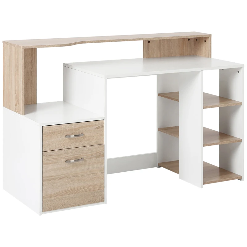 HOMCOM Bureau informatique avec 2 tiroirs, bureau avec rangement, 137 x 55 x 92 cm, étagères ouvertes et tablette d'imprimante, style moderne, table d'ordinateur pour chambre, studio, chêne