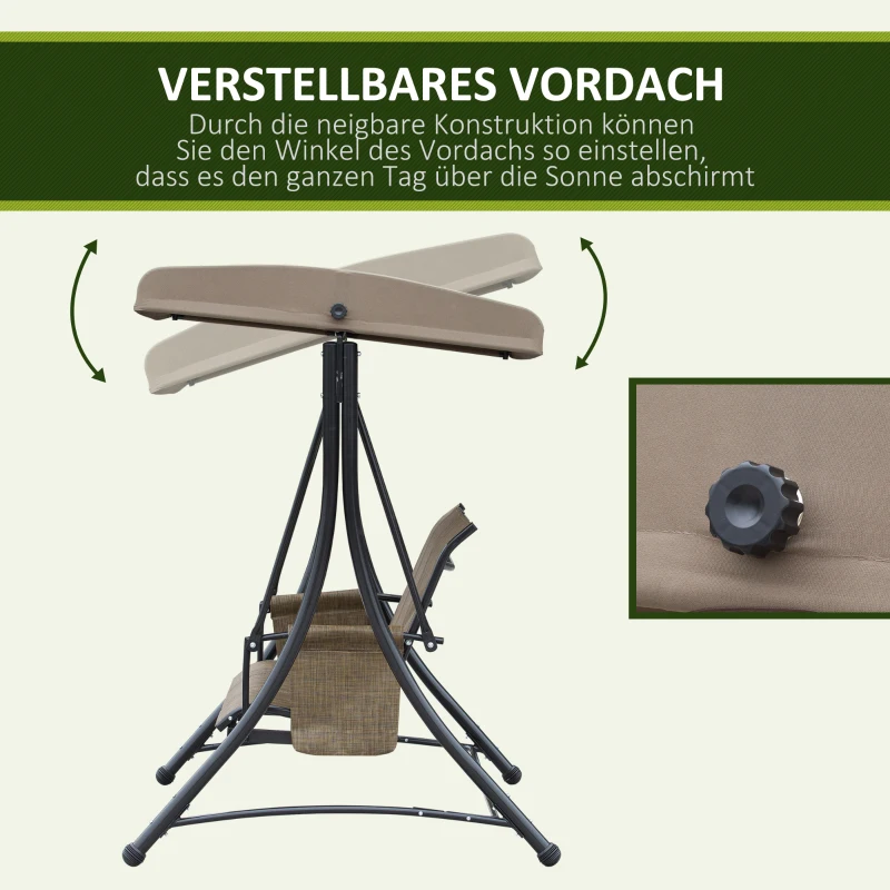 Outsunny 3-Sitzer Hollywoodschaukel, Gartenschaukel mit Sonnendach, Schaukelbank mit Ablage, Aluminium, 196 x 128 x 172 cm, Braun(m-4)