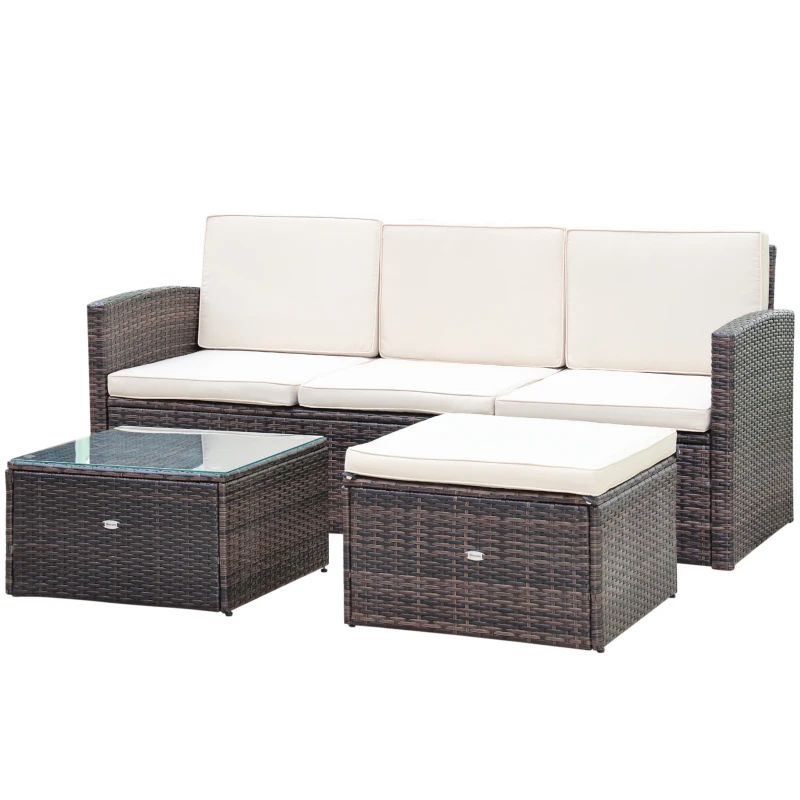 Outsunny 3 Pieces Outdoor PE Rattan Corner Sofa Set with Thick Cushions, Patio Rattan Garden Furniture with Glass Top Coffee Table and Footstool, Brown