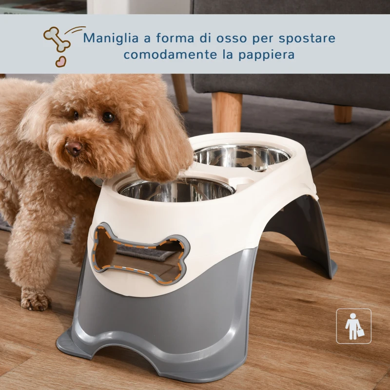 PawHut Doppia Ciotola per Cani Rialzata in Acciaio Inox e Plastica con Piedini Antiscivolo, 47x25x20cm, Bianco e Grigio
