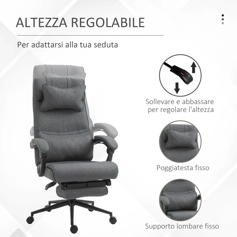 Vinsetto Sedia da Ufficio Ergonomica ad Altezza Regolabile con Braccioli e Poggiapiedi, 66x70x115-123 cm, Grigia
