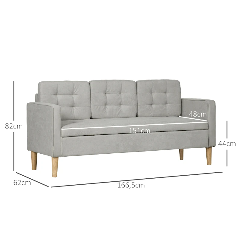 HOMCOM Dreisitzer-Sofa, Polstersofa mit Stauraum, Kissen, Holzrahmen, 166,5x62x82cm, Hellgrau