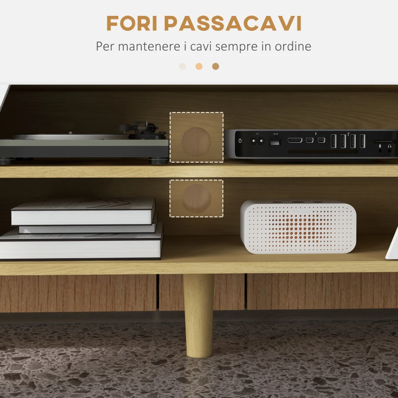 HOMCOM Mobile Porta TV fino 65" con Armadietti e Ripiani Aperti, 150x30x42cm, Bianco e Legno