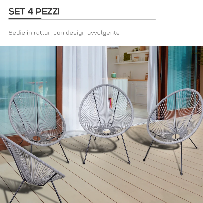 Outsunny Set di 4 Sedie da Giardino Ovali in Rattan PE e Metallo in Stile Boho Chic, Grigio Chiaro